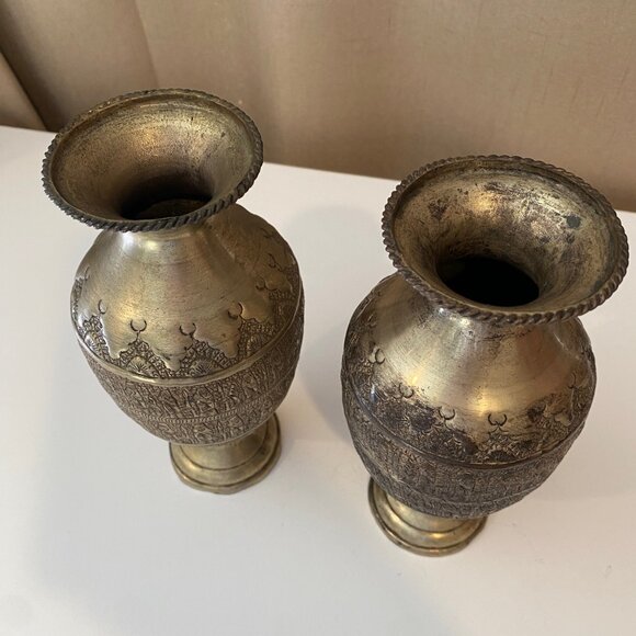 Antique 19th C. Chased Brass Vases Biedermeier Austria Persia 7.5 Set of 2 - Picture 3 of 7